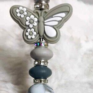 Hand beaded pen ~ Flutterbies! ~ Shades of Gray floral butterfly pen